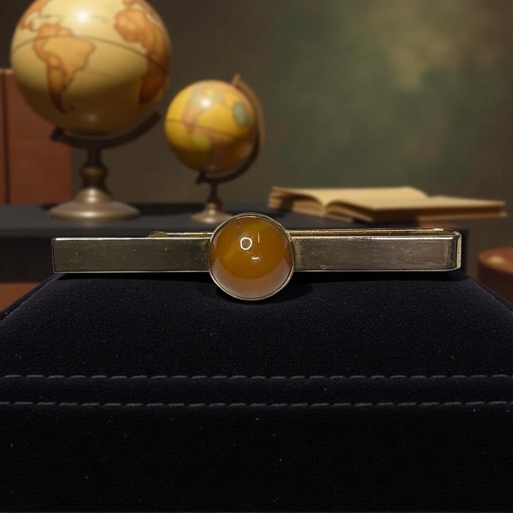 SWANK Gold Tie Clip with Amber Colored Cabochon Accent